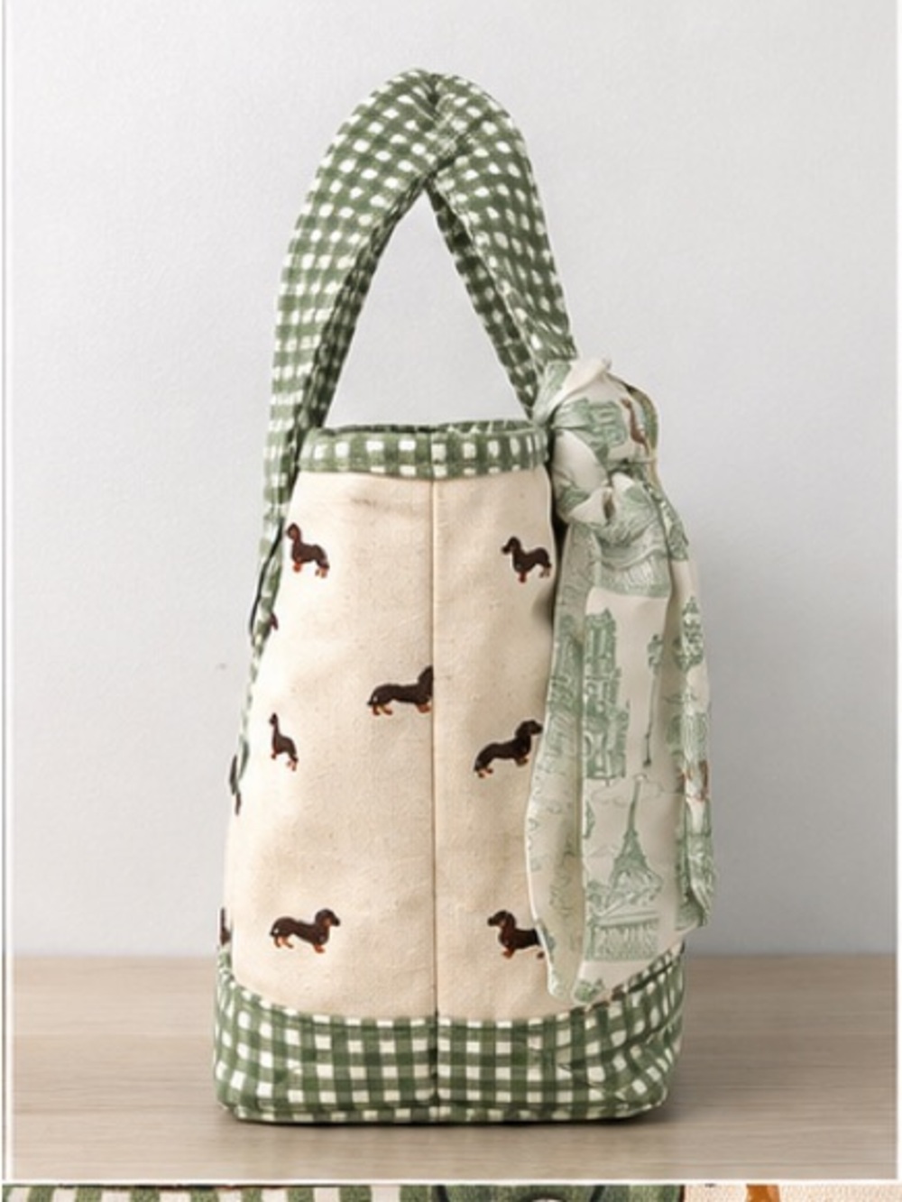 Madden Girl | Green Gingham Dachshund Canvas Tote | Wristlet, Bag Charms & More - Picture 3 of 15